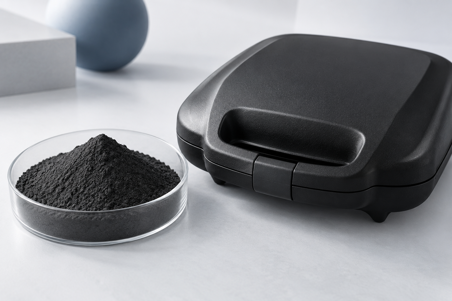 Phenolic moulding compound powder next to a moulded housing